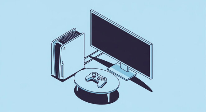 Isometric Illustration of a Modern Gaming Setup with Console and TV.