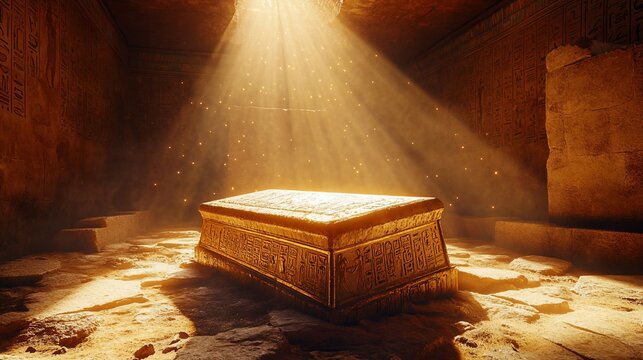 Ancient Egyptian tomb, golden sarcophagus, sunbeams, hieroglyphs