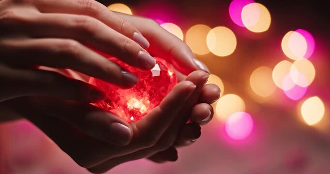 Hands Holding a Glowing Red Crystal Heart with Bokeh Lights