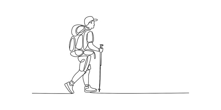 Continuous line drawing of a male hiker with a backpack and trekking pole walking on a path
