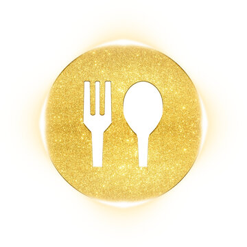 Luxury gold glitter fork and spoon icon for restaurant dining menu