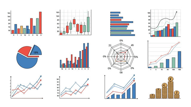 Comprehensive set of various financial and statistical charts including bar graphs, line charts, pie charts, and complex radar diagrams.