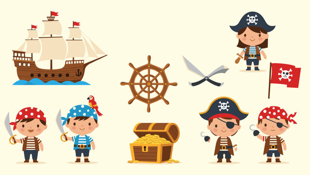 Collection of cute pirate characters and nautical icons including a sailing ship, treasure chest, parrot, and wooden ship wheel.