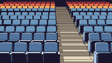Fototapeta premium Symmetric view of empty rows of blue and orange seats separated by a central staircase in a large stadium, arena, or theater.