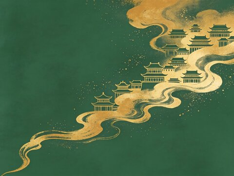 Traditional Chinese Architecture with Golden Clouds on Green Background