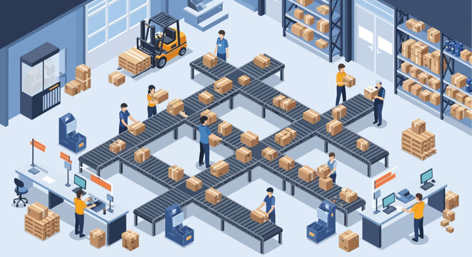 Workers on assembly line production.