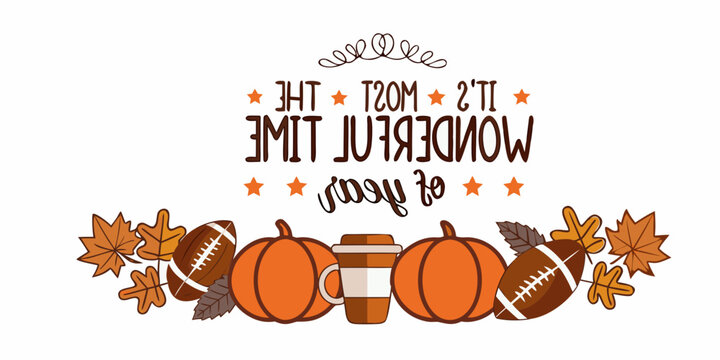 A festive autumn illustration featuring pumpkins footballs and fall leaves