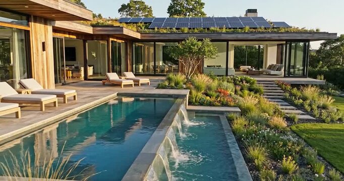 Luxury modern villa exterior with green roof and swimming pool