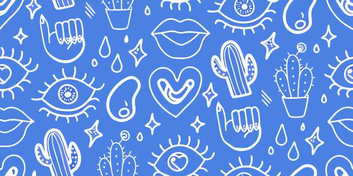 Whimsical pattern of eyes lips hands cacti and hearts in white lines