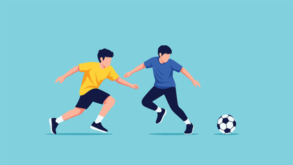 Fototapeta premium Two young male soccer players in yellow and blue jerseys competing for the ball during an intense football match on a light blue background.