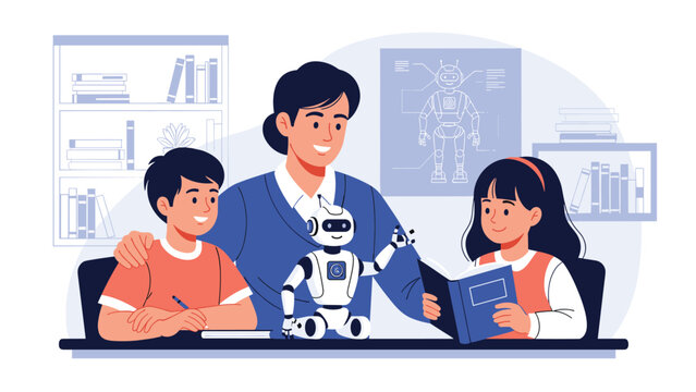 Female teacher sitting at a desk with two young students and a small white robot to explore STEM education and modern learning methods.