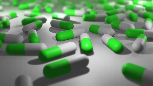 Camera Pans Across Cinematic Green and White Pill or Drug Capsules