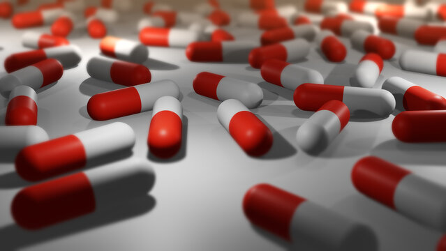 Camera Pans Across Cinematic Red and White Pill or Drug Capsules