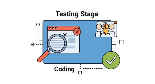 Software Testing Stage Illustration - Coding, Magnifying Glass, and Team Collaboration.