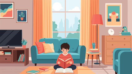 Fototapeta premium Young boy sitting on the floor and reading an interesting book in a cozy and well-decorated modern living room.