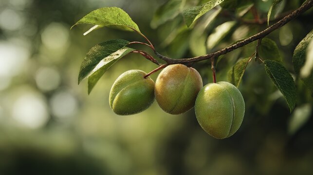 Unripe Green Plums Growing on Tree Branch &ndash; Fresh Organic Fruit Close-Up