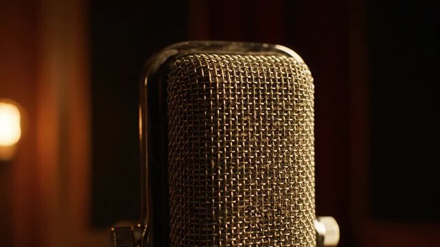 Close-up of a vintage microphone with a metallic mesh grille and warm ambient lighting