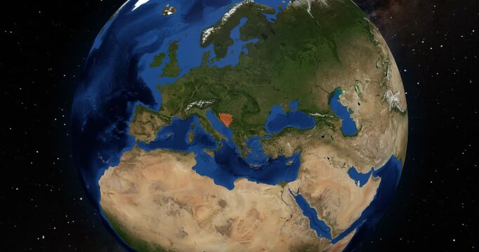Bosnia and Herzegovina on the Globe. Zoom into the country with the Earth spinning in space. High detail physical world map with Bosnia and Herzegovina on it. Country view animation.