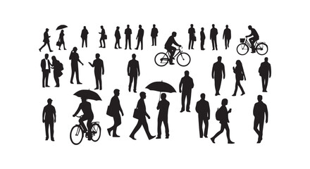 A group of people walking and riding bicycles on a busy street © PureVector Lab