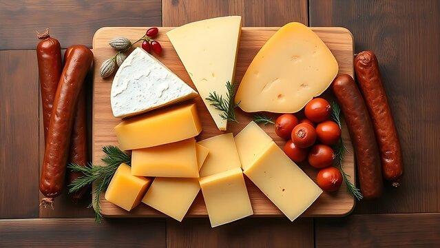 inclusively. Gourmet cheeses and sausages arranged on a rustic wooden board, captured from above with soft lighting. menu design.