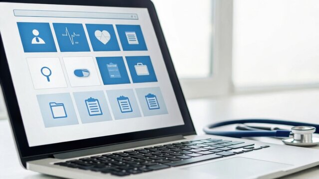Laptop screen displaying healthcare icons with a stethoscope beside it on a desk in a bright clinical setting.