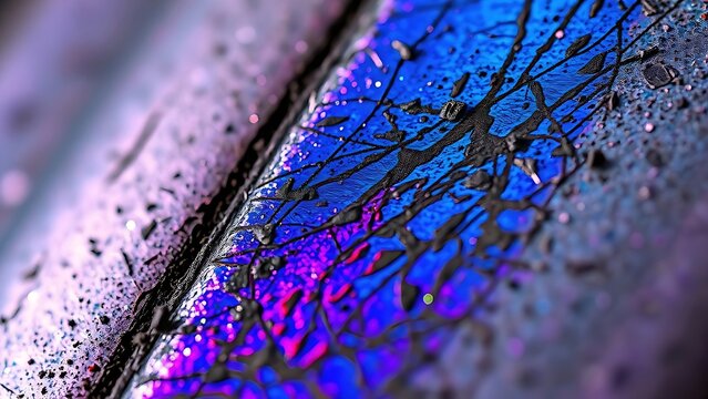 implicit. Macro of brazed metal seam with iridescent blue and purple oxidation. safety posters, maintenance manuals, designed for industrial assembly lines and welding operations, supports safety.