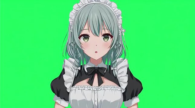 Anime maid character in black and white outfit with a green screen background