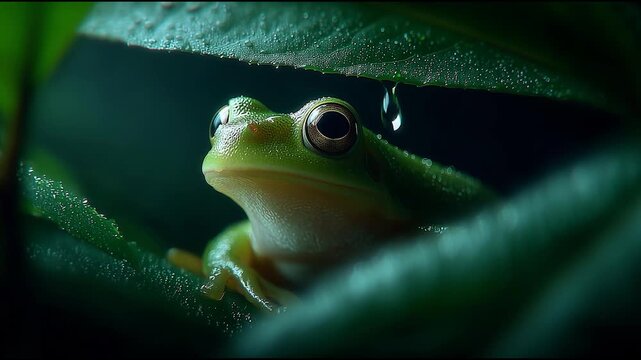 Green Tree Frog Under Leaf with Dew Drops, Macro Wildlife Close-Up in Rainforest Setting