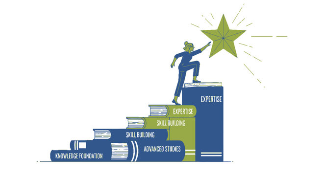 An illustration depicting a person climbing a staircase of books, representing a journey of learning, skill development, and expertise, culminating in reaching a shining star, symbolizing achievement.