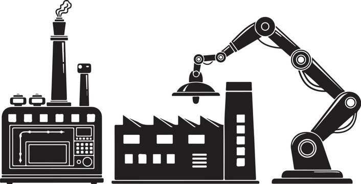 Industrial factory scene with robotic arm and machinery