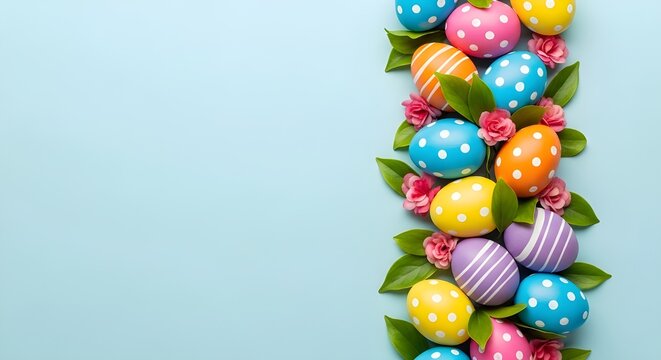 Happy easter composition with colorful eggs and florals for easter design and decoration