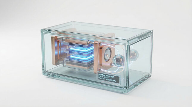 Transparent cuboid with internal components and blue lighting against white background