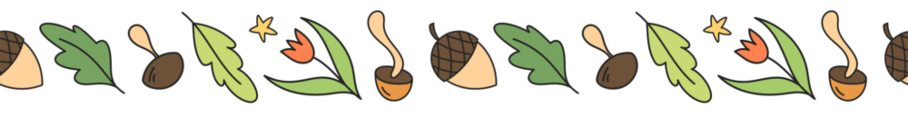 Seamless cartoon nature border in a cute doodle style with tree, forest and color elements pattern. Travel, camp and outdoor themes appear in this colorfull graphic, ideal for creative backgrounds. © moonnoon