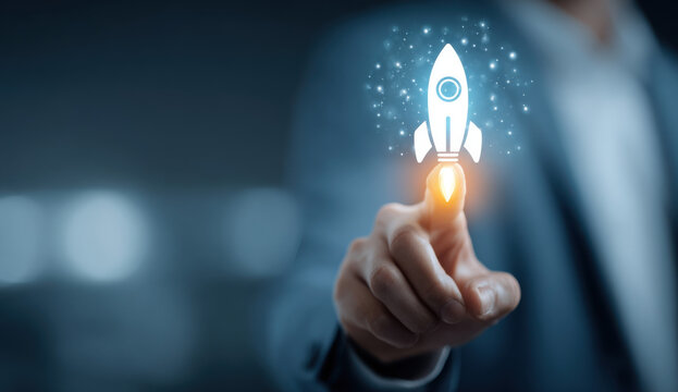 idea, light bulb, rocket, innovation, technology, business, development, imagination, inspiration, intelligence, hand hold light bulb to light up solution and advertise hit the goal and target rocket.