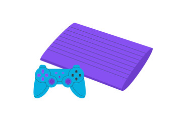 Retro blue console and gamepad in flat style sticker. Classic videogame gadget as sticker with joystick and controller for video game fun. Vintage electronic entertainment for gamers technology © moonnoon