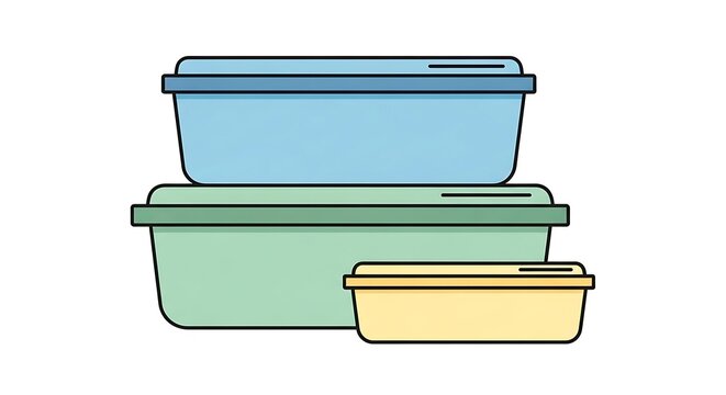 Colorful plastic storage containers stacked.