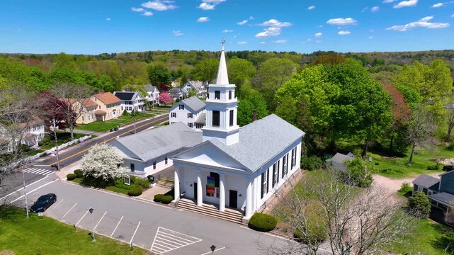 Congregational Church aerial view on Village Green in historic village of Slatersville, town of North Smithfield, Rhode Island RI, USA. 