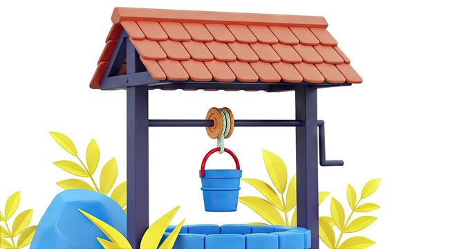 Cartoon Wishing Well with Blue Bucket and Yellow Leaves