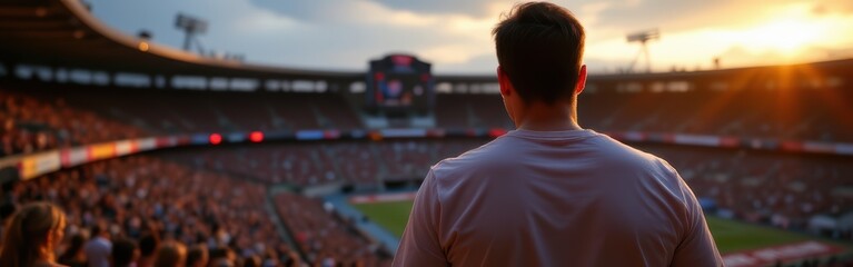 Fototapeta premium Man standing in stadium overlooking crowd and sports field at sunset