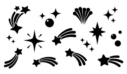 Fototapeta premium Bold sparkle and star silhouette vector set with twinkle shapes and shooting star elements for modern decorative design isolated on white