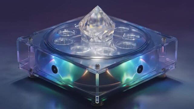 Transparent electronic device featuring faceted crystal centerpiece and internal illumination