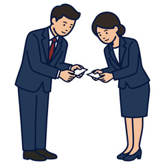 Fototapeta premium 紺色のスーツを着た男女の会社員が丁寧にお辞儀をして名刺交換をするビジネスシーンのイラスト