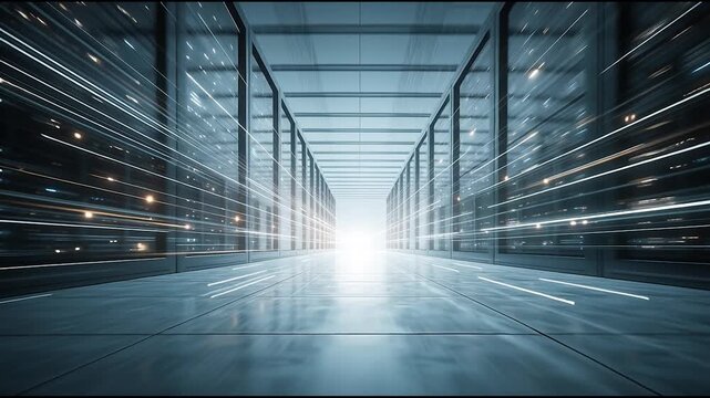 Modern Data Center Corridor with High Speed Data Flow and Server Racks Futuristic Technology Infrastructure