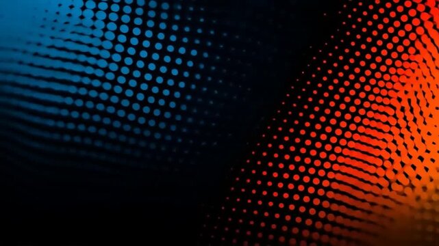 Digital halftone pattern background with contrasting blue and orange light flares
