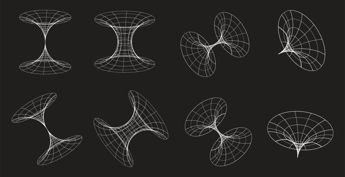 3d wireframe set, abstract geometric shapes, futuristic grid mesh, parametric design elements, strange wireframe collection, distorted 3d forms, minimalist tech graphics, organic mesh structures