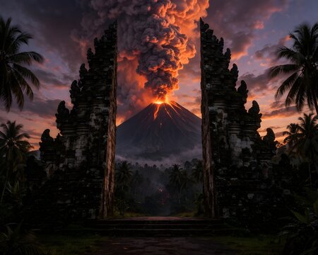 Ancient Javanese Candi Bentar Gate Framing Erupting Volcano at Sunset, Dramatic Tropical Landscape