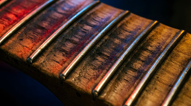 Guitar fretboard with metal frets close-up