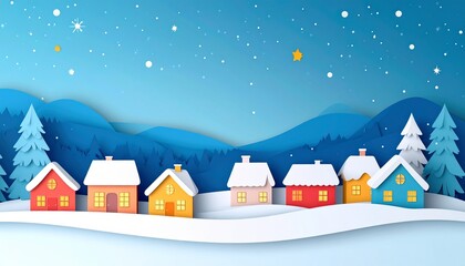 Fototapeta premium Cozy Winter Village at Night with Colorful Houses and Snow Starry Sky Papercut Illustration