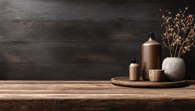 Rustic wooden tabletop with decorative items