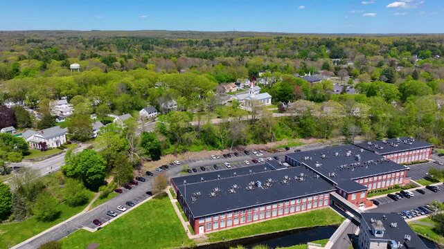 Congregational Church aerial view on Village Green in historic village of Slatersville, town of North Smithfield, Rhode Island RI, USA. 